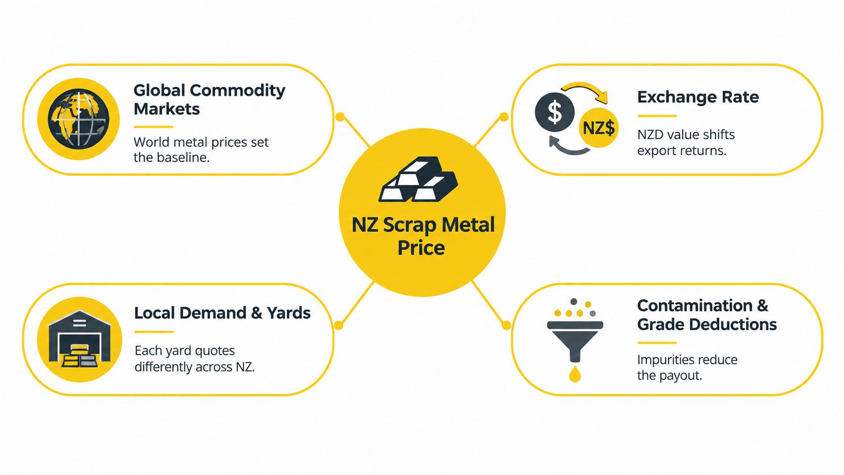 A diagram explaining the four key factors that influence scrap metal prices in New Zealand.