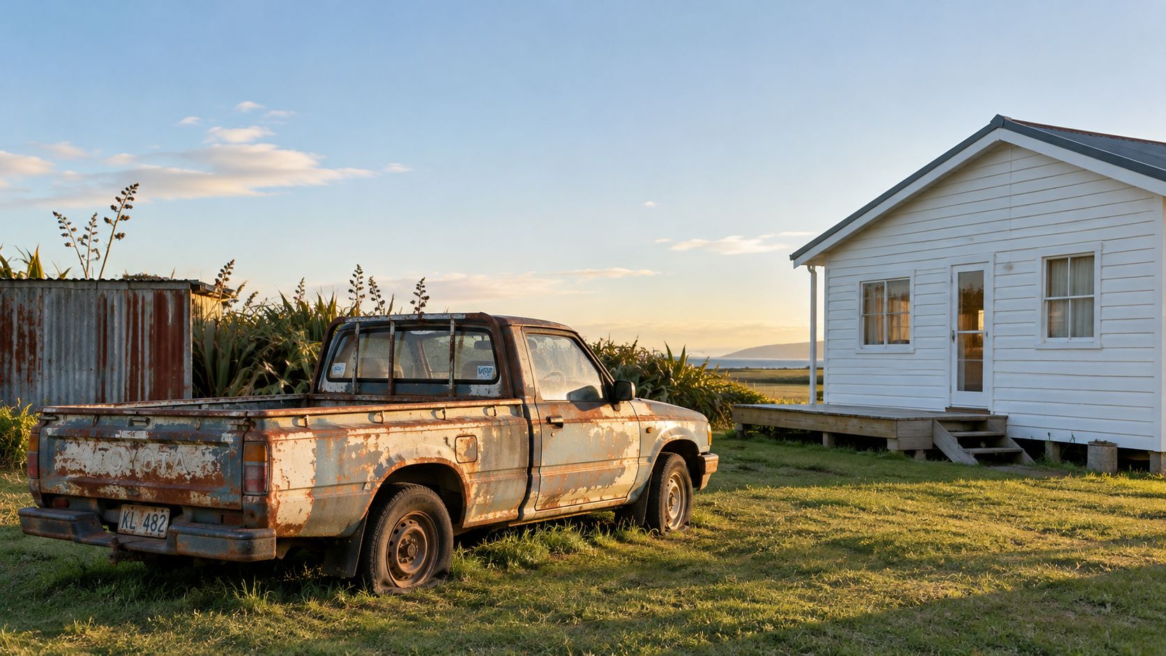 An old, rusted Toyota pickup truck parked on the grass next to a small white house at sunset.