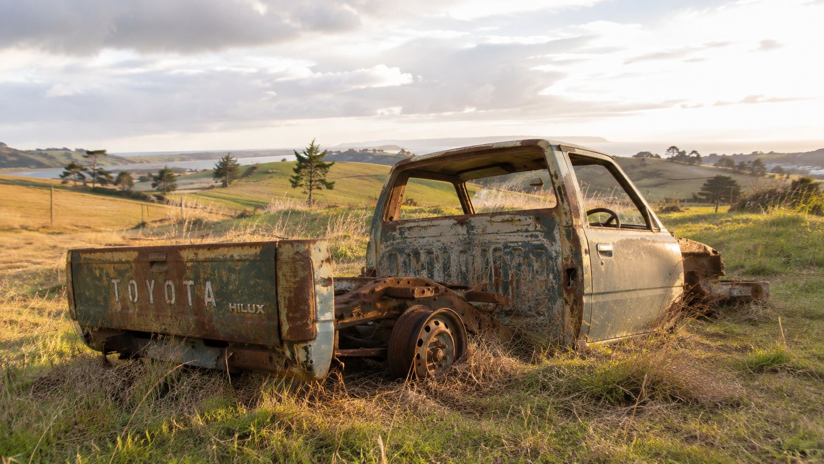 A rusted, stripped-down Toyota Hilux truck body sits abandoned in a grassy field at sunset.