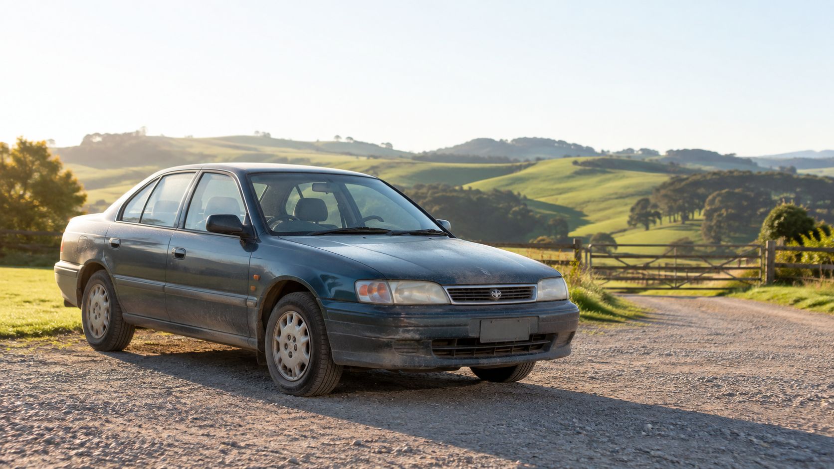 A dark green sedan parked on a gravel driveway with scenic rolling green hills in the background.
