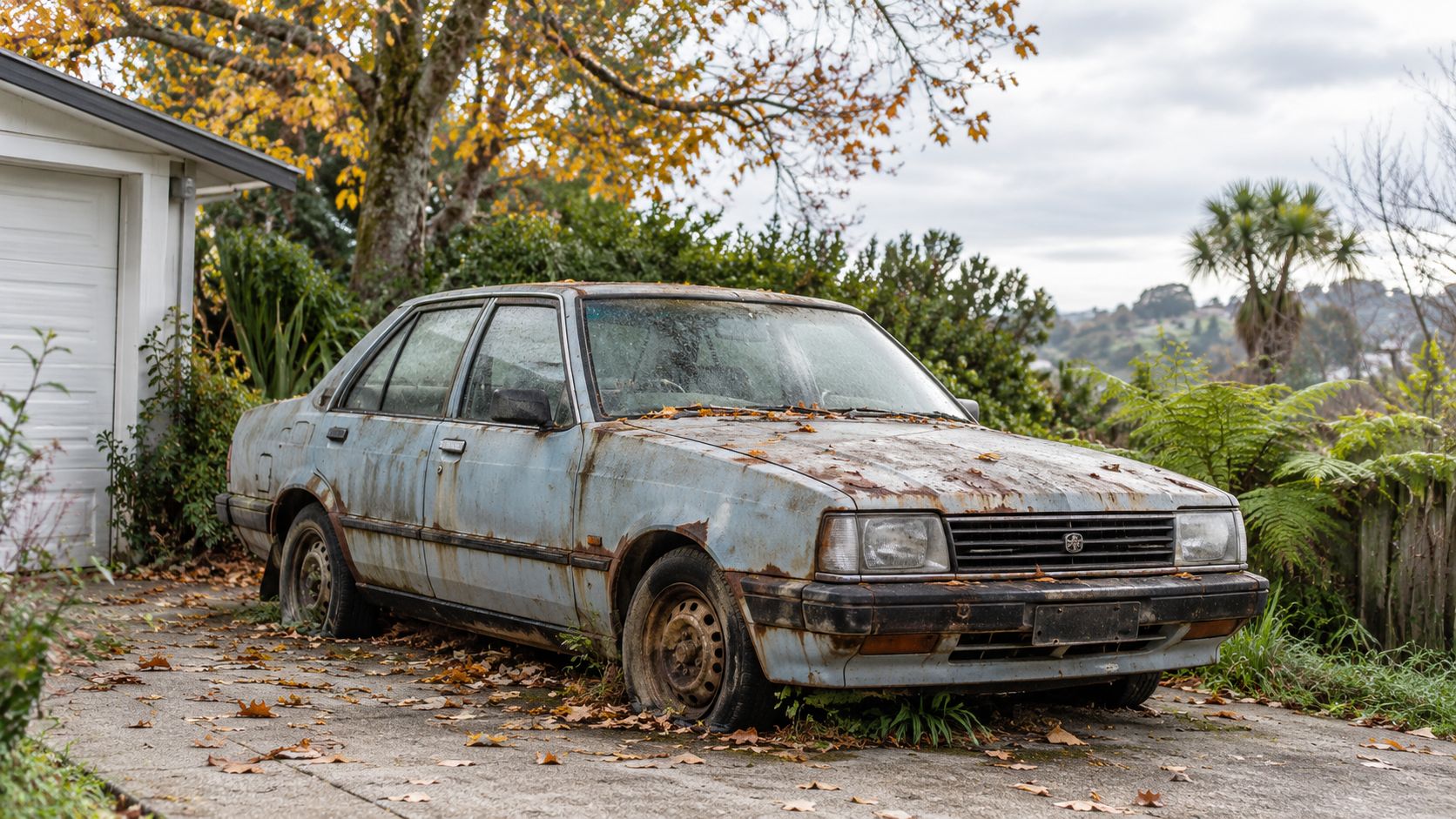 A rusted, abandoned light blue vintage sedan parked on a driveway covered with autumn leaves.