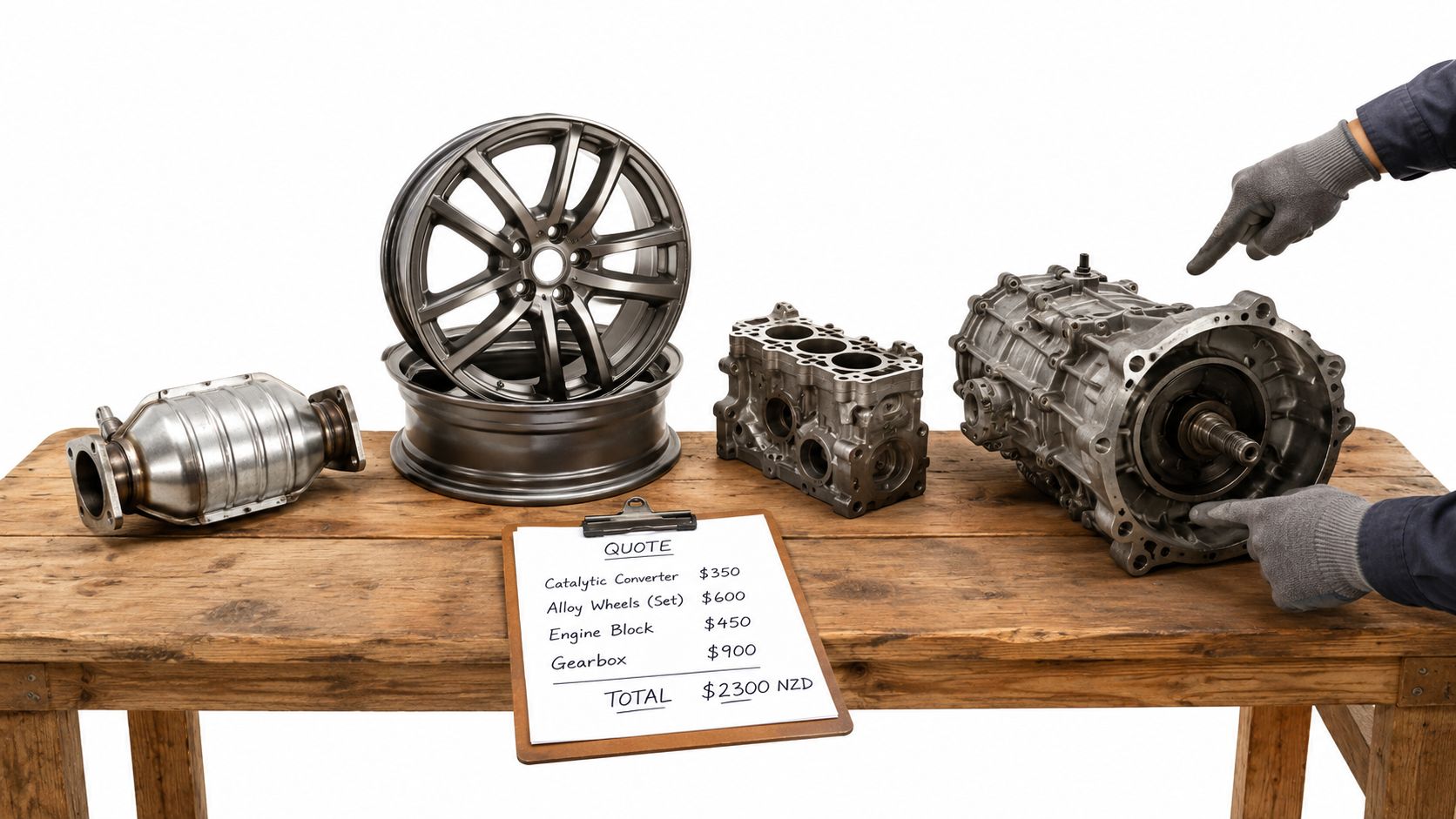 Car parts including a catalytic converter, alloy wheels, engine block, and gearbox with a price quote list.