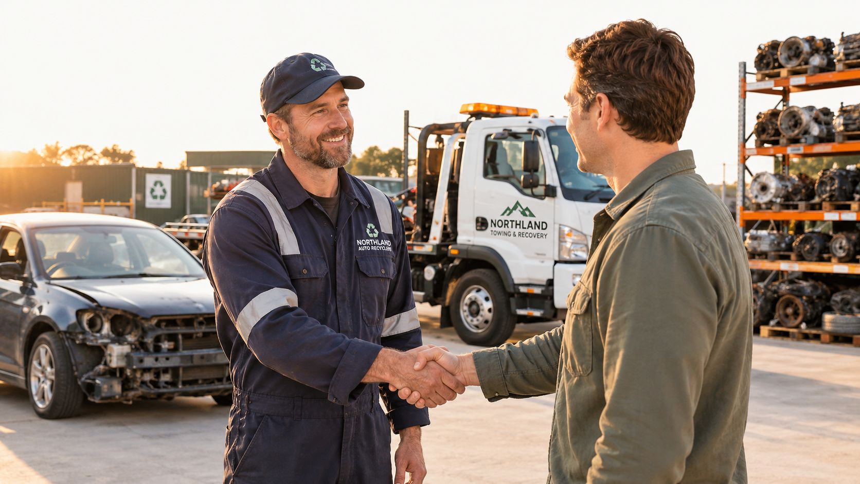 A professional car recycler shakes hands with a customer at a vehicle salvage and towing yard.