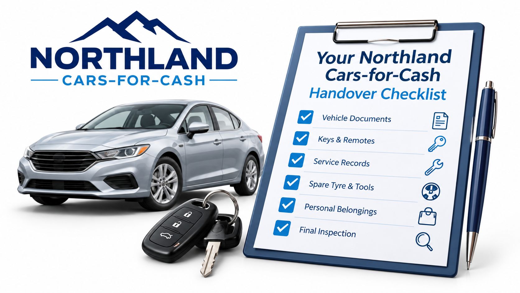 A silver car next to a clipboard showing a Northland Cars-for-Cash handover checklist with a car key.