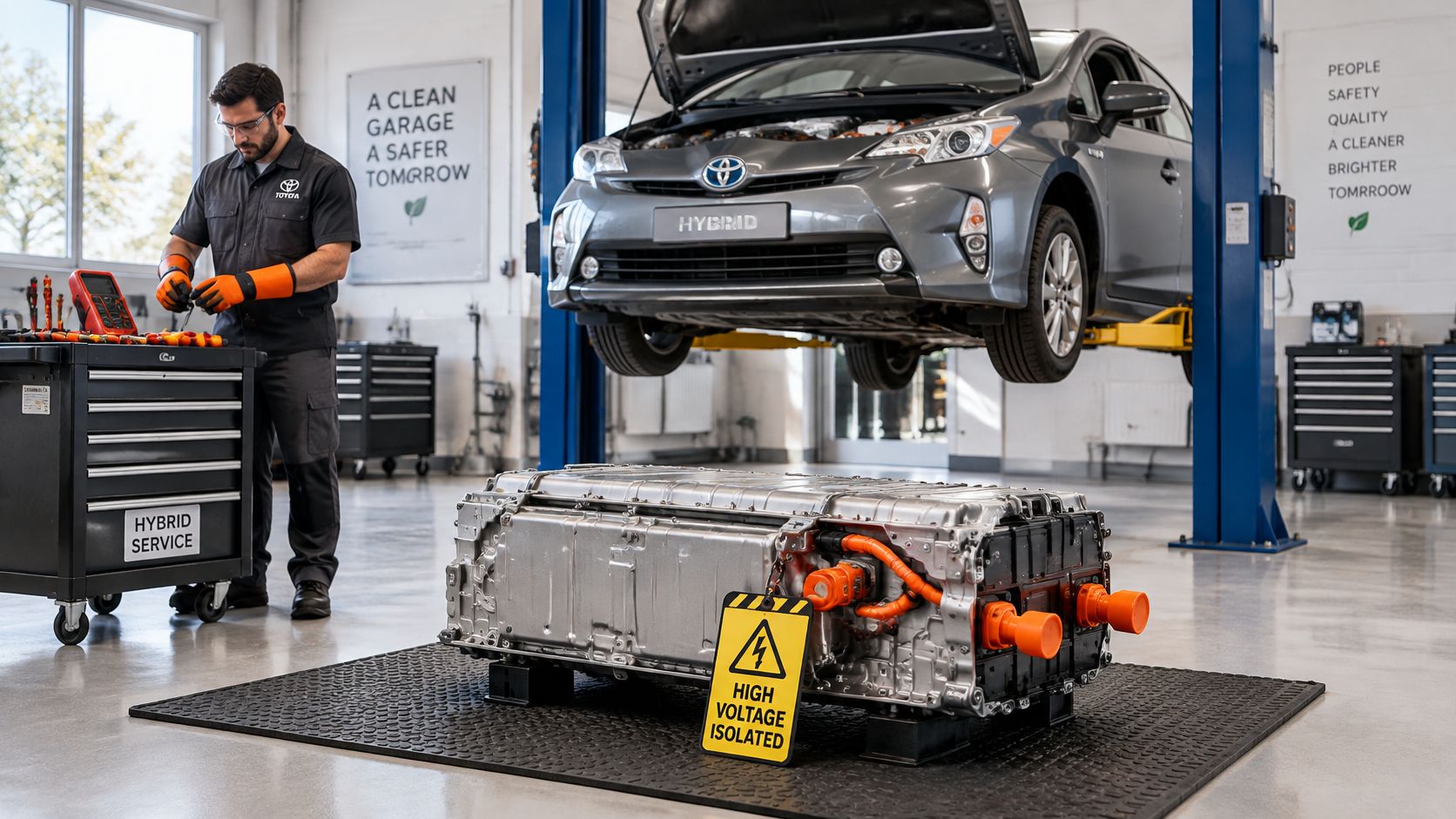 A technician wearing safety gloves works on a hybrid car battery in a professional automotive garage.