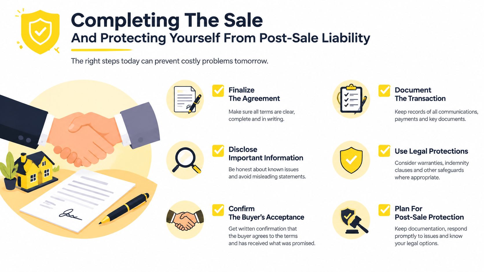 An infographic illustrating steps to complete a sale while protecting against post-sale legal liability and issues.