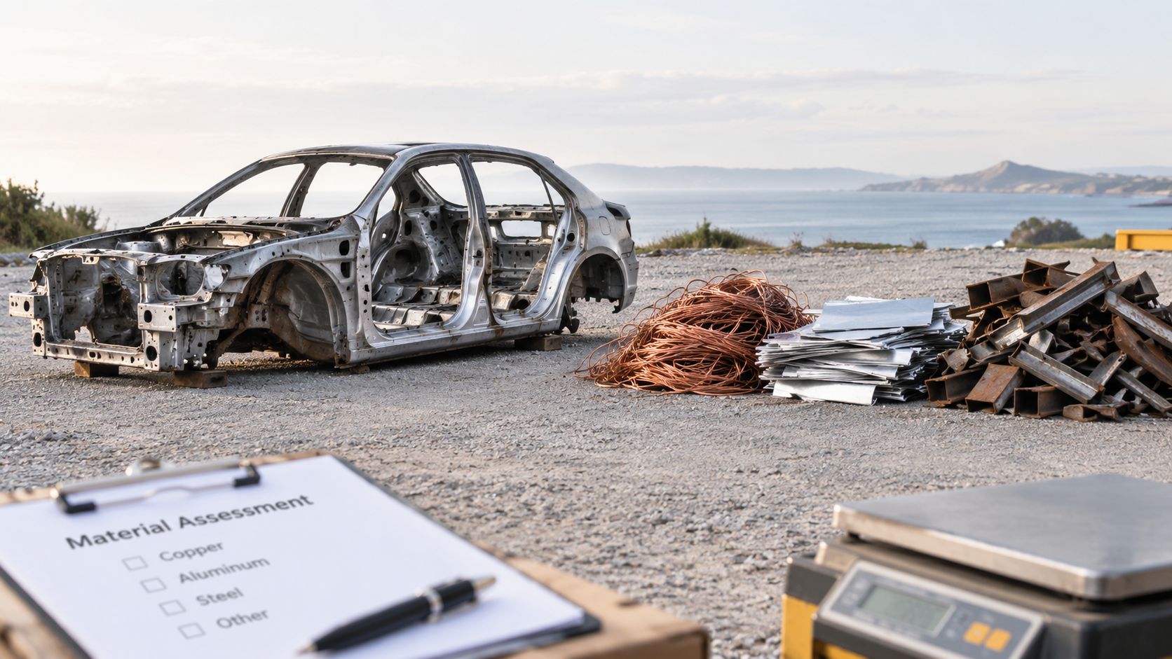 A salvaged car chassis, copper wires, and metal beams set up for a scrap material assessment outdoors.