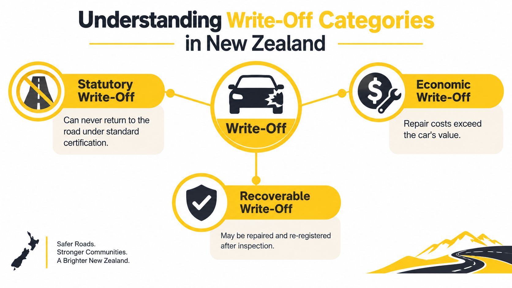 An infographic explaining the three categories of vehicle write-offs in New Zealand: Statutory, Economic, and Recoverable.