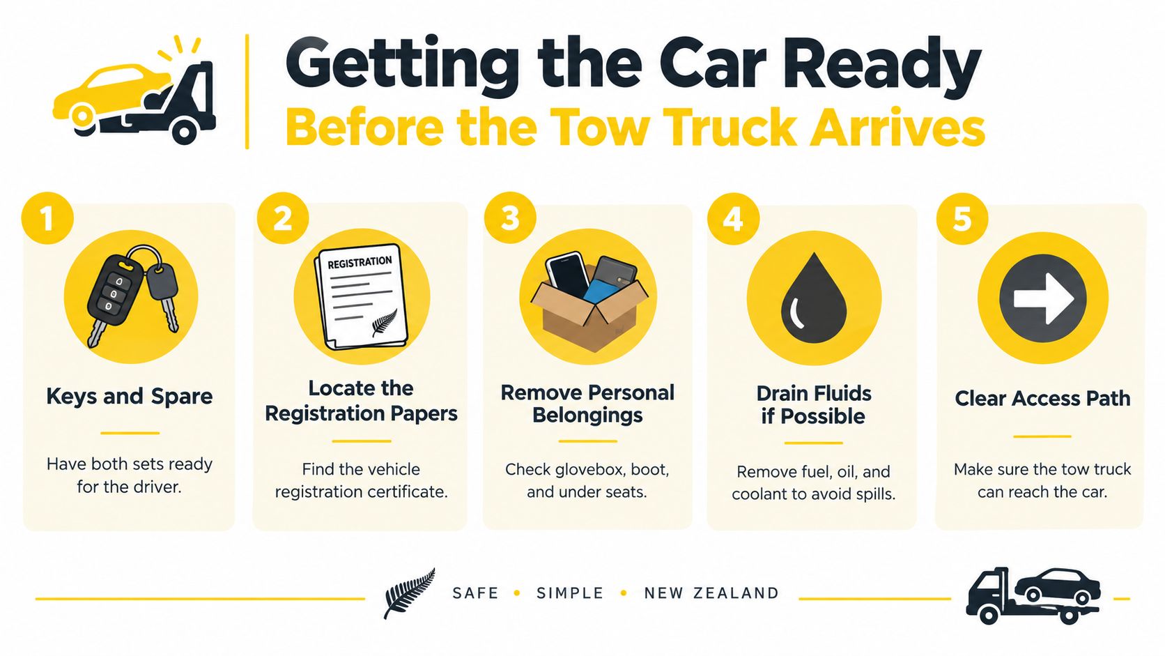An infographic titled Getting the Car Ready Before the Tow Truck Arrives featuring five numbered preparation steps.