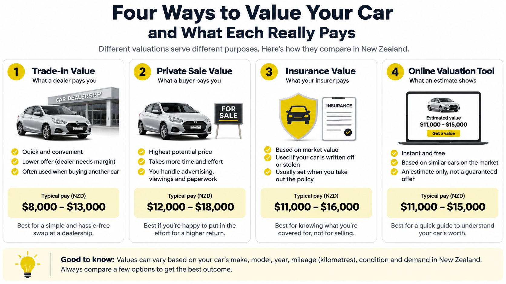 An infographic showing four different ways to determine the value of a vehicle in New Zealand.