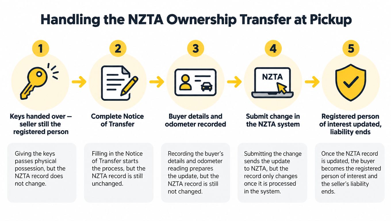 A five-step infographic showing the NZTA vehicle ownership transfer process during a car pickup.