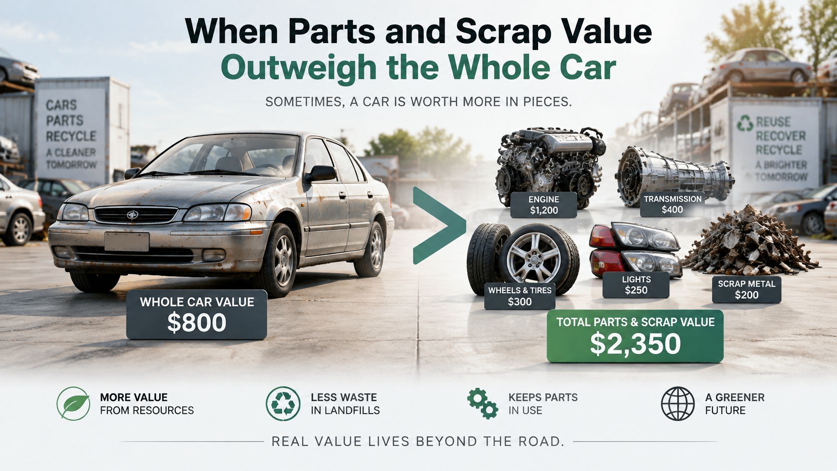A comparison showing a whole car worth $800 versus its salvaged parts and scrap metal worth $2,350.