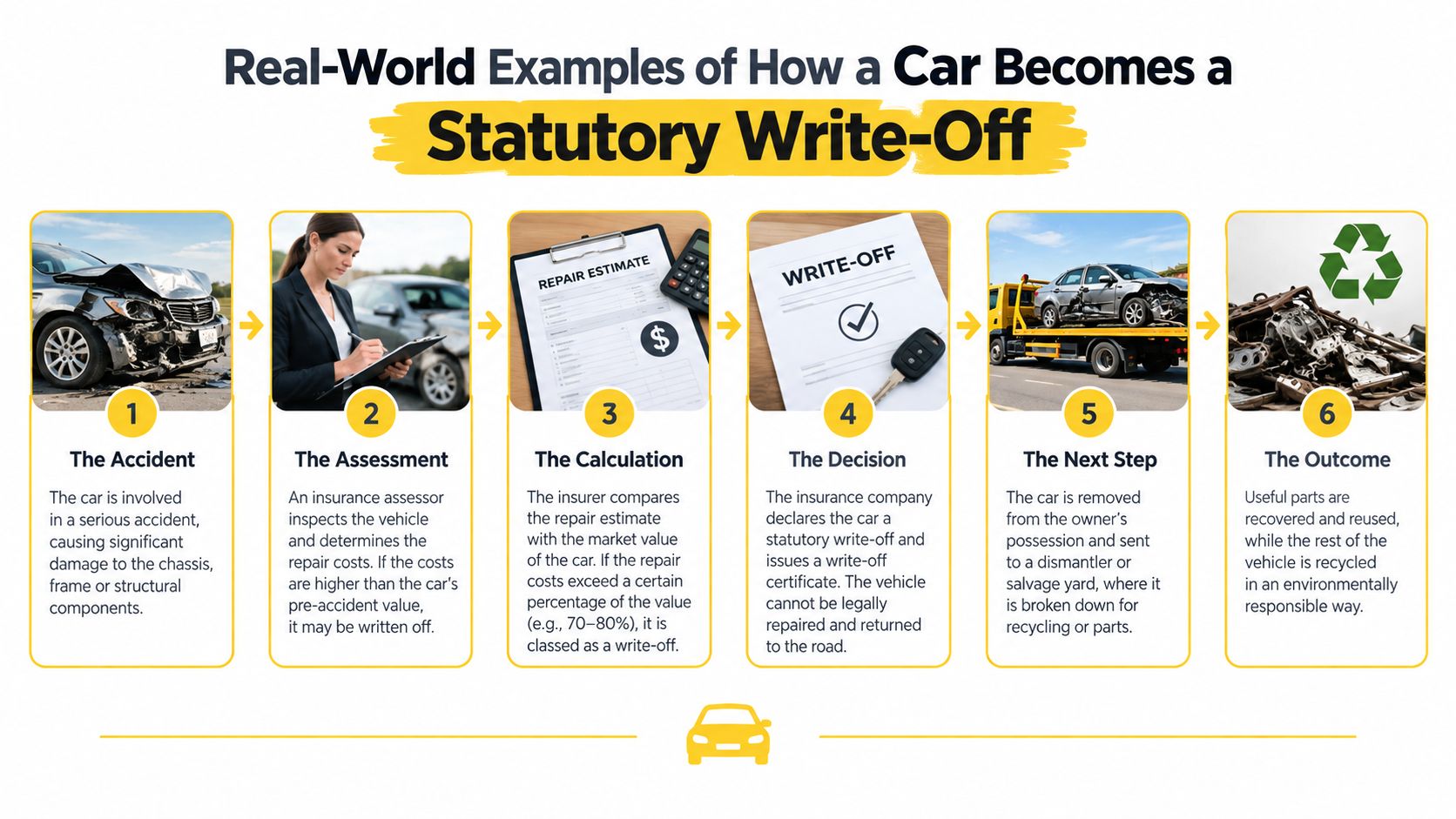 A six-step infographic explaining the process of how a vehicle is classified as a statutory write-off.