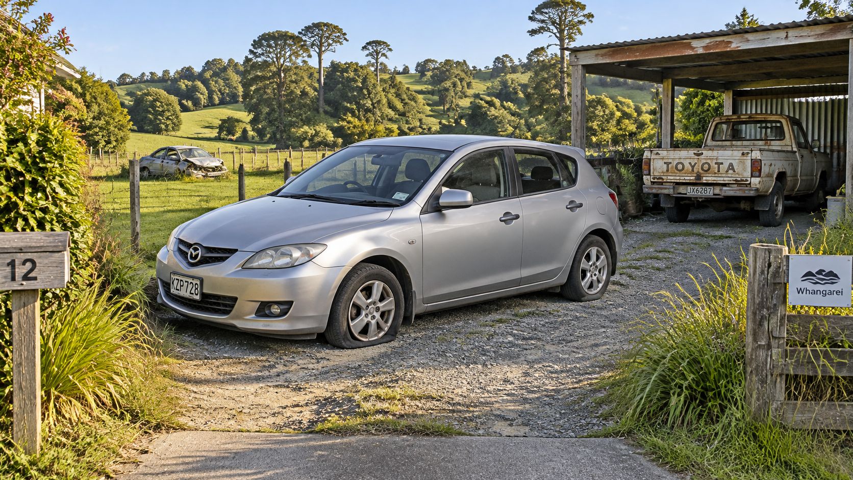 A silver Mazda hatchback parked on a gravel driveway with flat tires near a rural property.