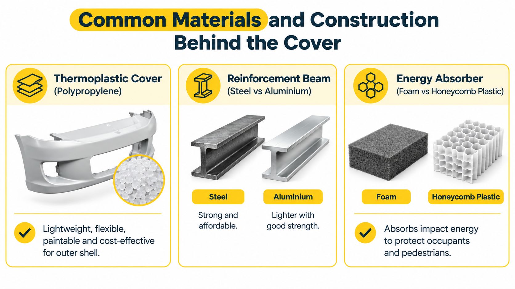 An infographic detailing common materials used in car bumper construction including thermoplastic, steel, aluminum, foam, and honeycomb.