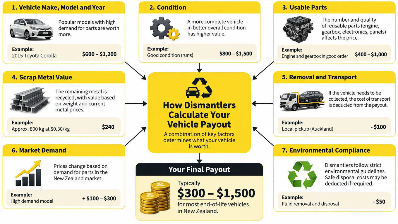 An infographic explaining the seven key factors that determine how dismantlers calculate payouts for end-of-life vehicles.