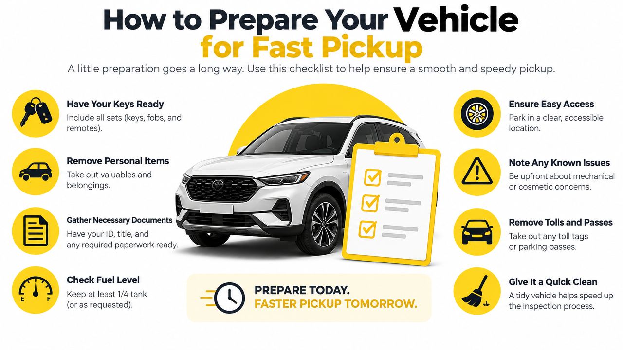 A checklist infographic illustrating tips for preparing your vehicle for a fast and efficient pickup process.
