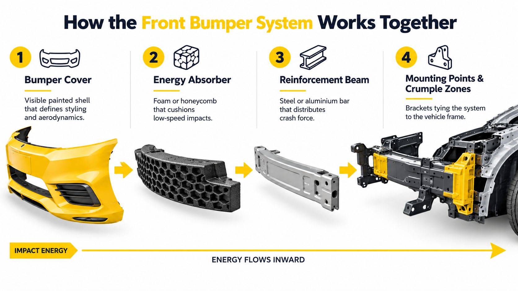 An infographic showing the four components of a vehicle front bumper system and their assembly sequence.