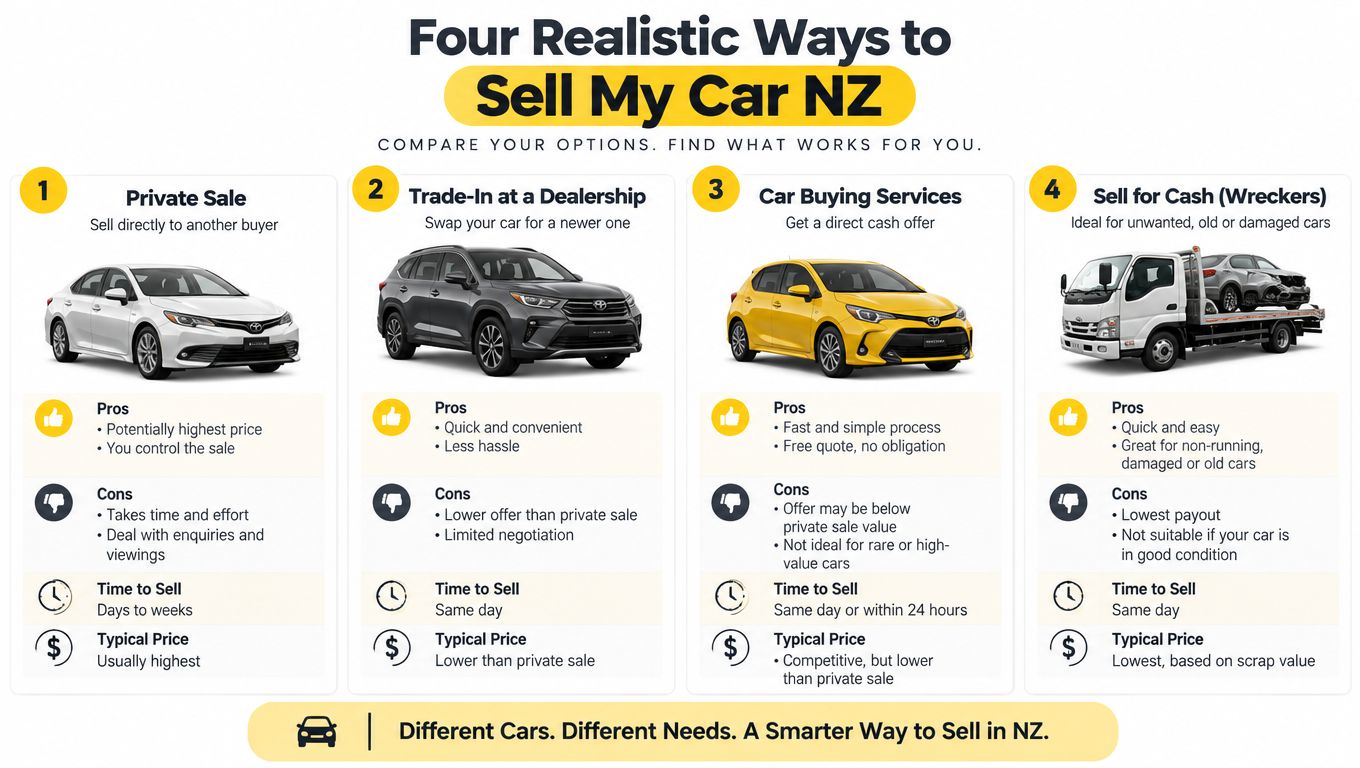 An infographic comparing four different methods for selling a car in New Zealand with pros and cons.
