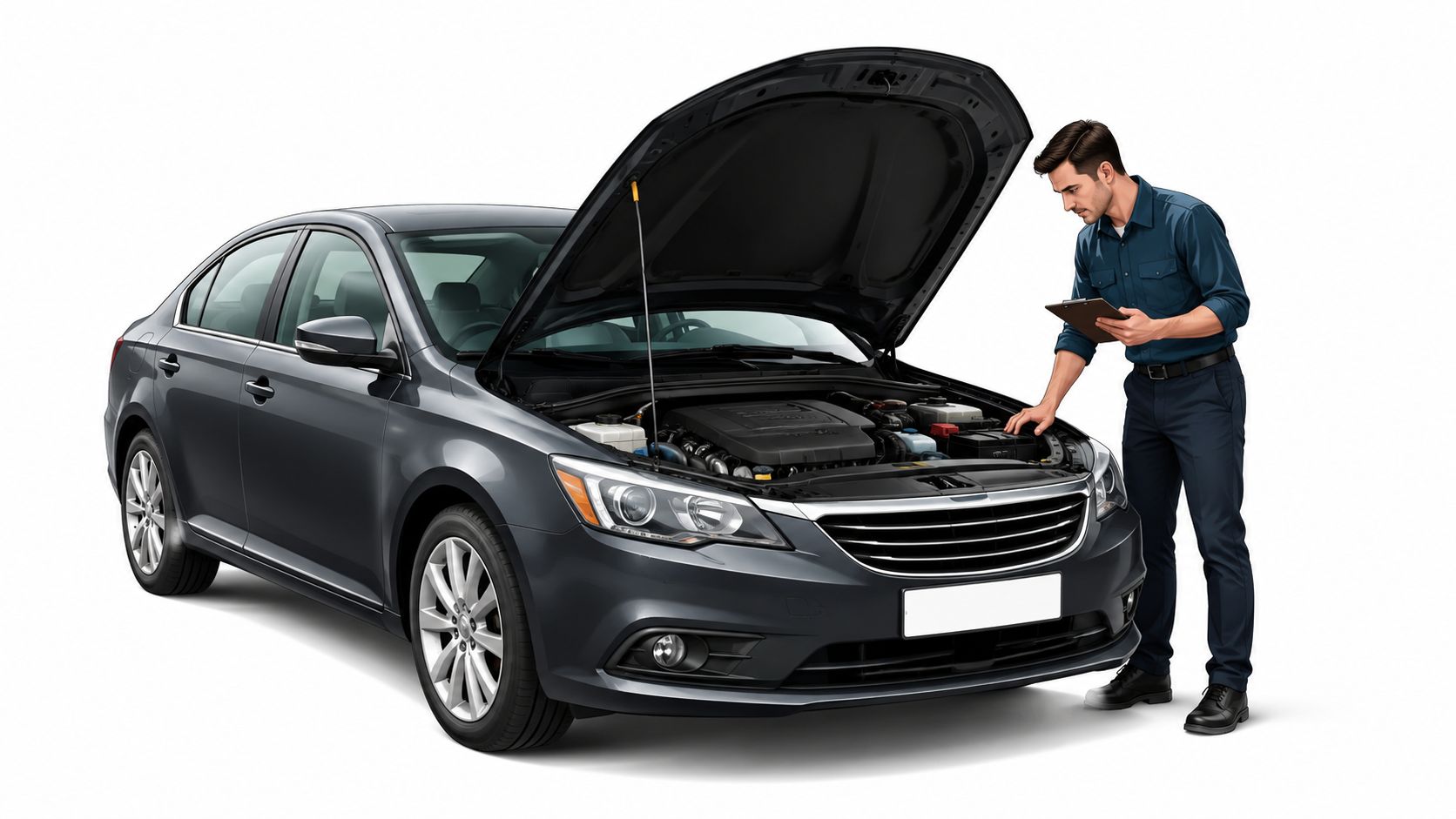 A professional mechanic in a blue uniform inspecting the engine of a gray car with an open hood.