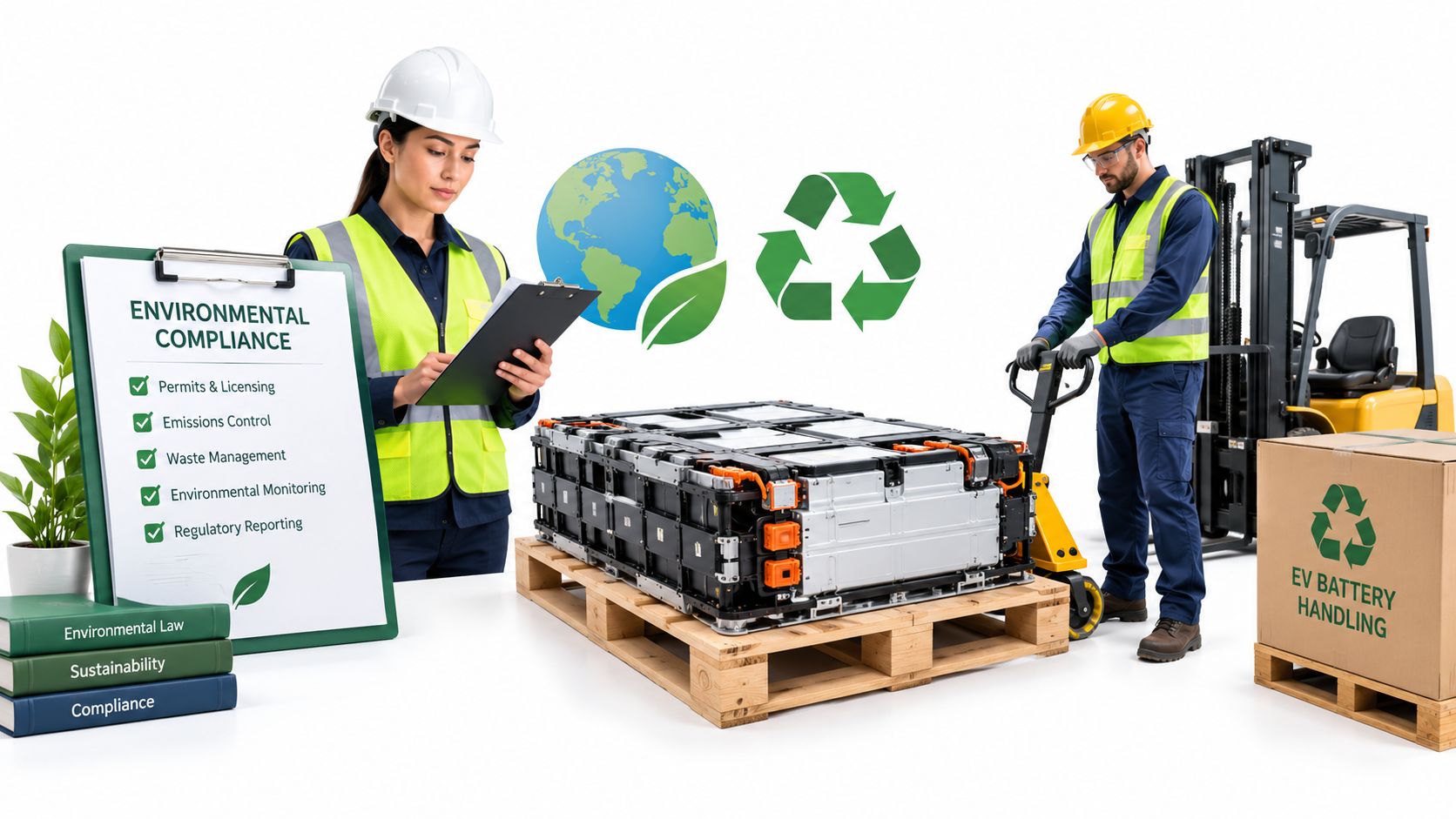 Professionals inspecting and handling EV batteries in an environmentally compliant, sustainable industrial recycling facility setting.