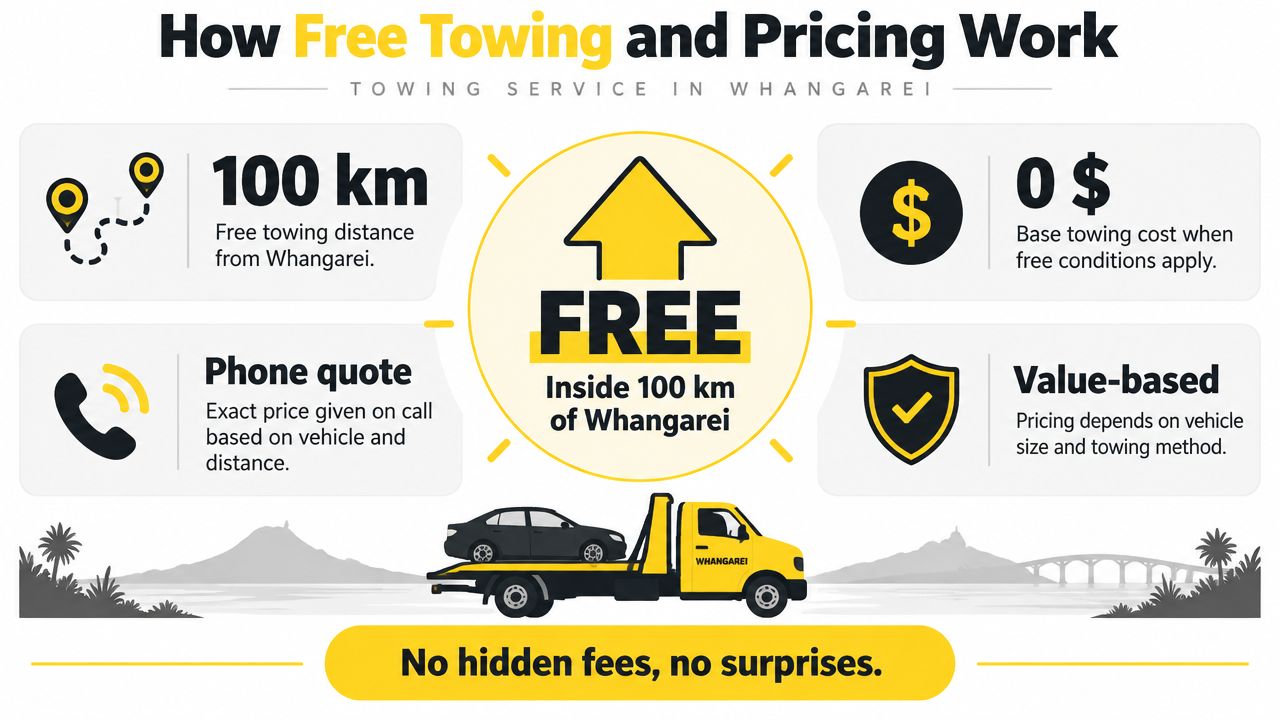 An infographic explaining the free towing service and pricing model for a towing company in Whangarei.