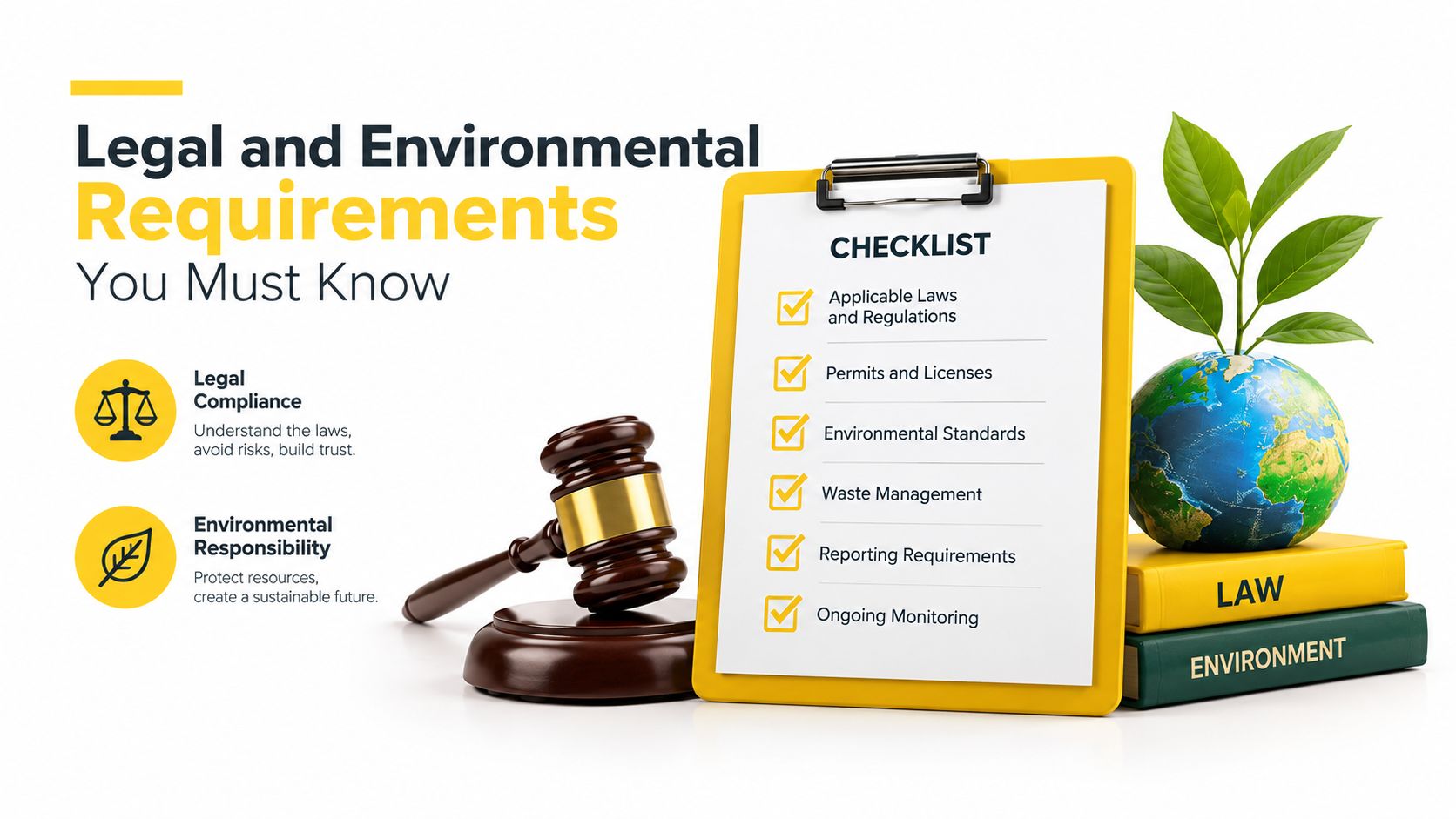 A checklist of legal and environmental requirements, including a gavel, earth globe with a plant, and books.