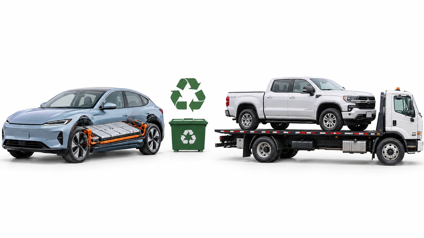A conceptual illustration showing an electric car being recycled into a new pickup truck for removal.