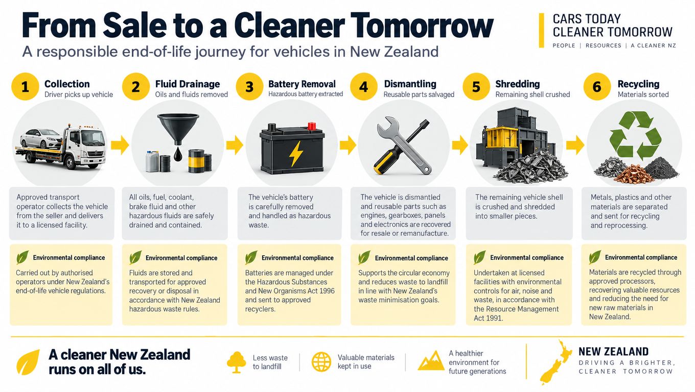 A process flow chart illustrating the responsible end-of-life vehicle recycling journey in New Zealand.