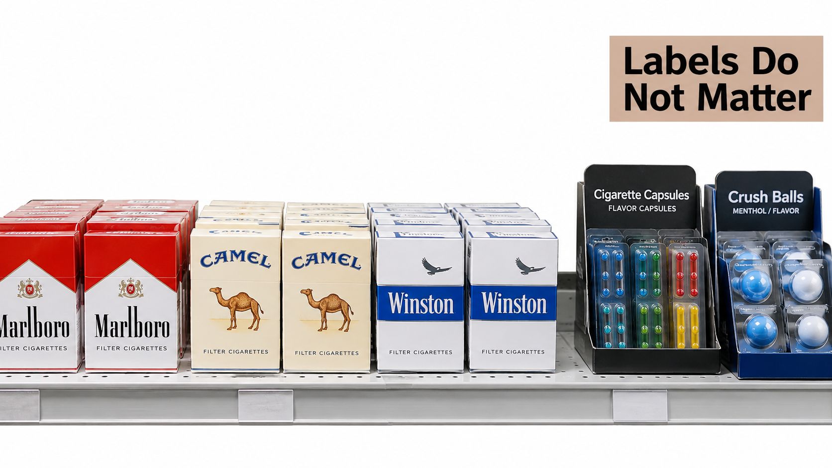 A store shelf displaying various packs of cigarettes and small flavor capsule containers for smoking.