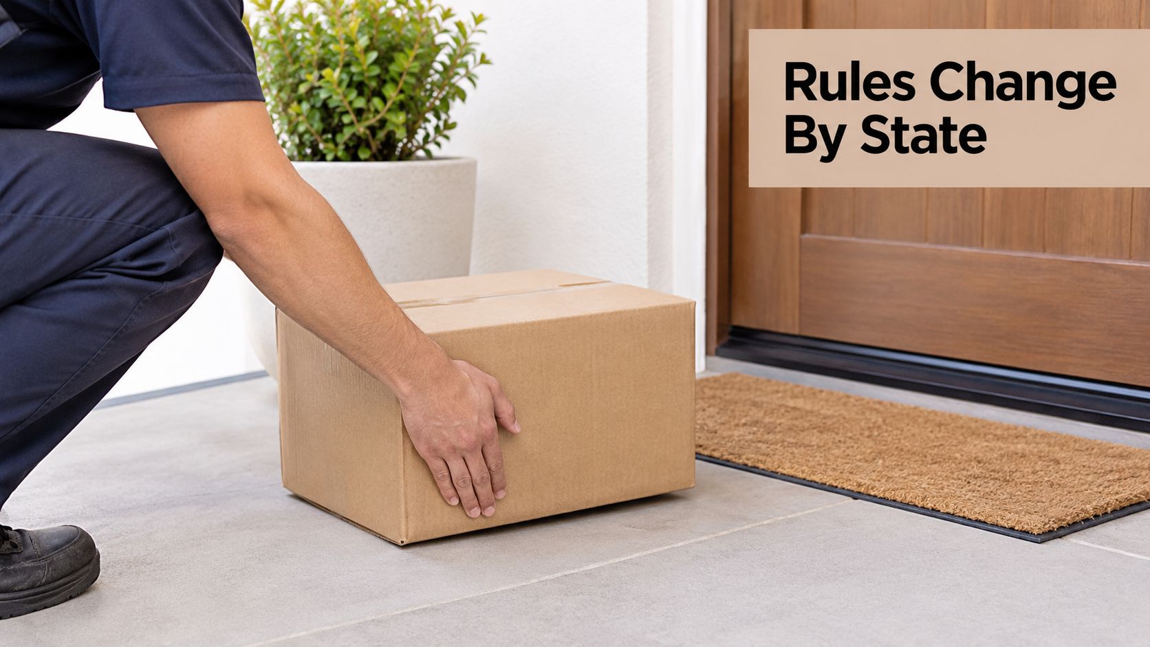 A delivery person placing a brown cardboard package on a doorstep near a front door.