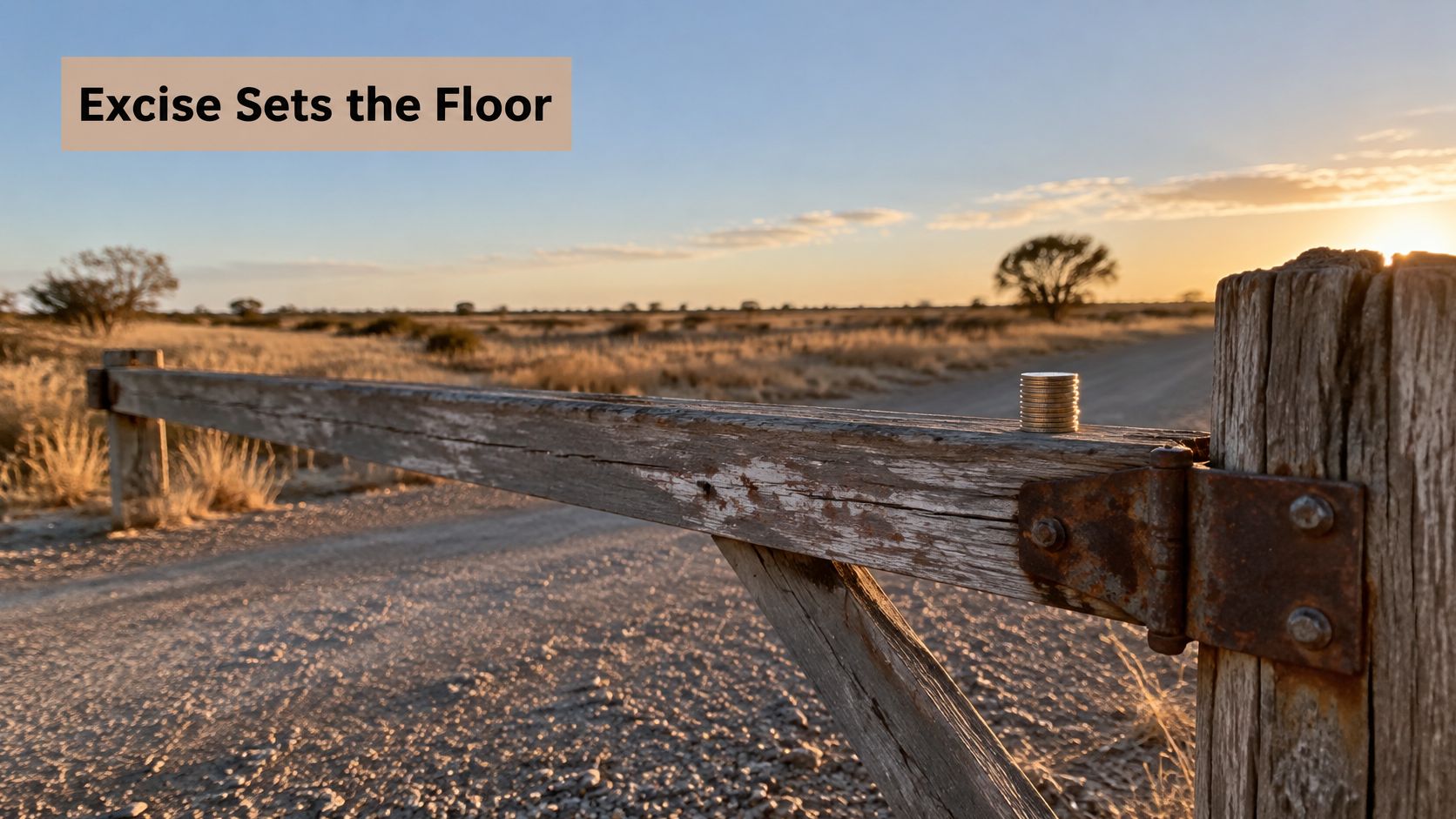 A stack of coins sitting on a wooden gate in a rural Australian landscape at sunset.
