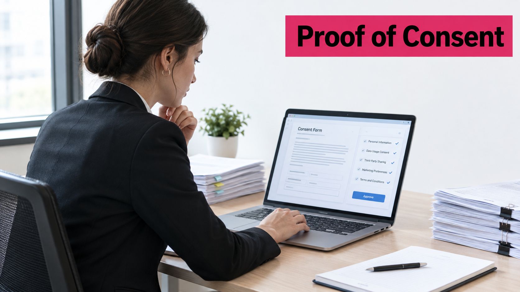 A professional businesswoman reviewing and approving a digital consent form on her laptop at an office desk.