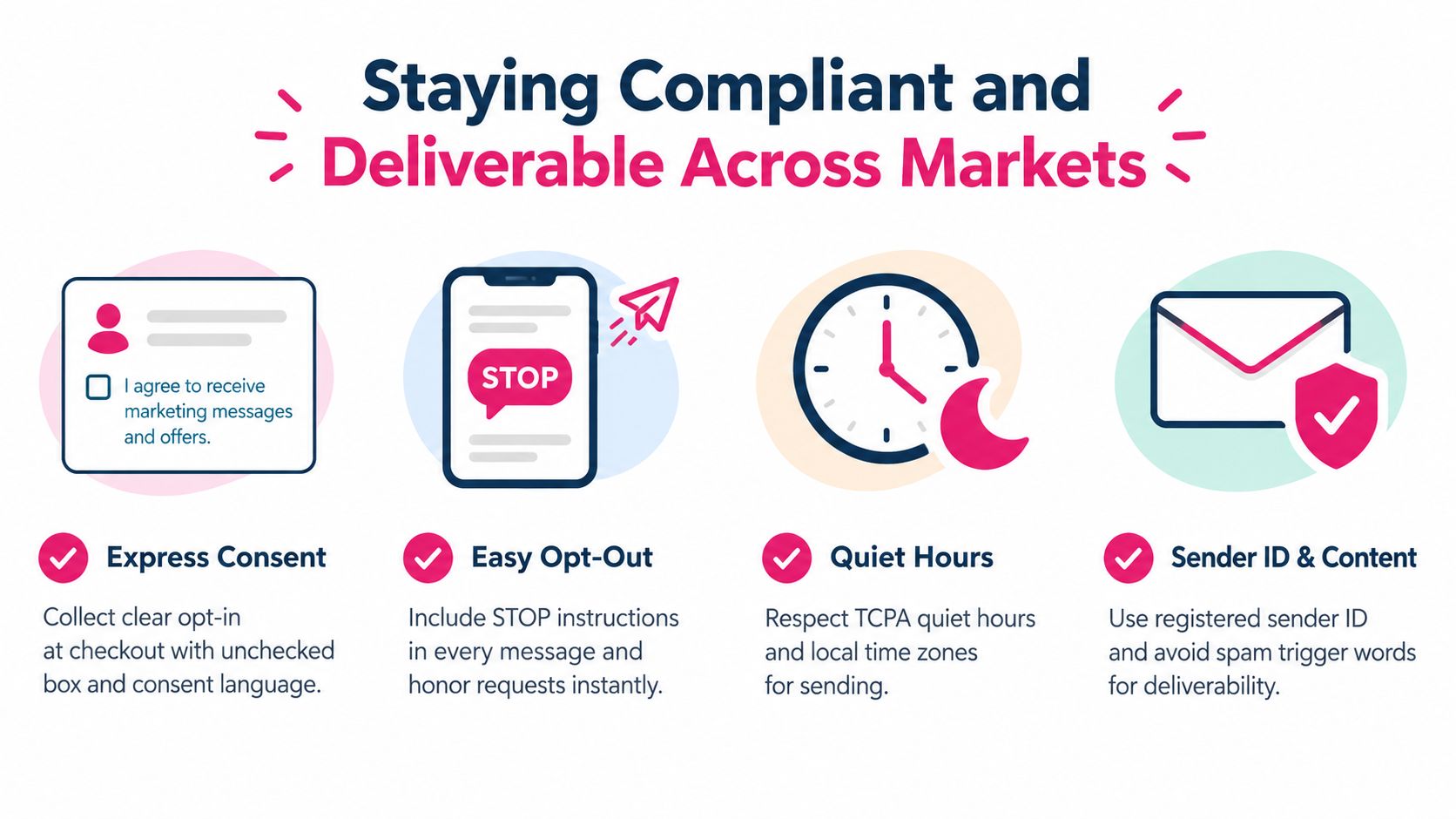 An infographic illustrating four key strategies for staying compliant and deliverable in sms marketing campaigns.