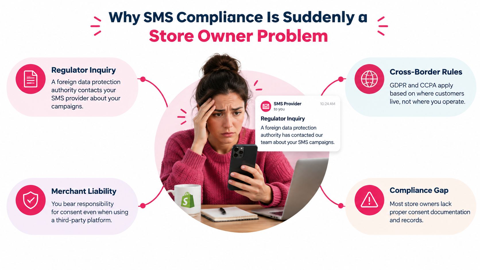 A woman looks stressed while checking her smartphone, illustrating the challenges of SMS compliance for store owners.
