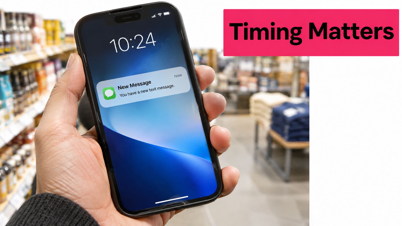 A hand holding a smartphone displaying a new text message notification inside a retail store setting.