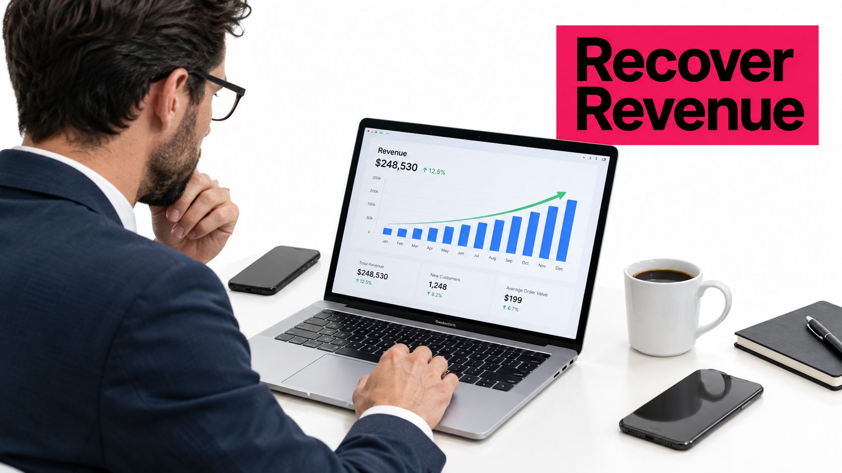 A businessman analyzing business analytics on a laptop screen with a growth chart in an office.
