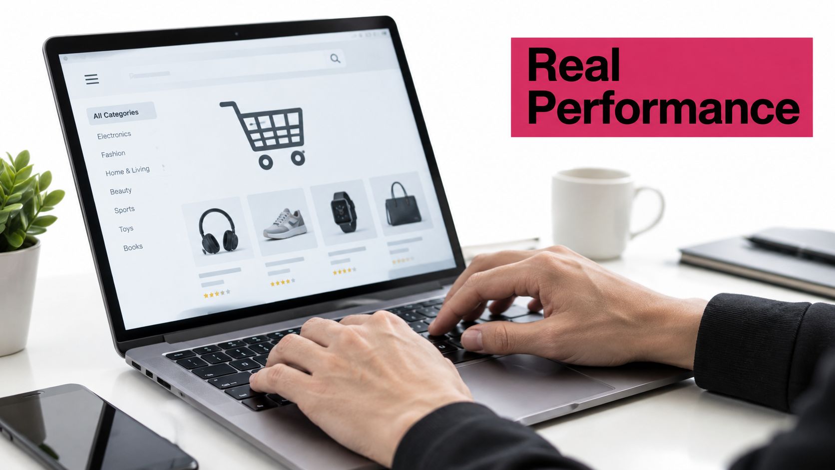 A person typing on a laptop displaying a shopping cart website with various product categories and items.