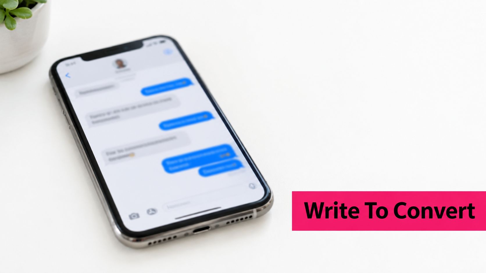 A smartphone resting on a white desk displaying a messaging conversation with a pink text overlay
