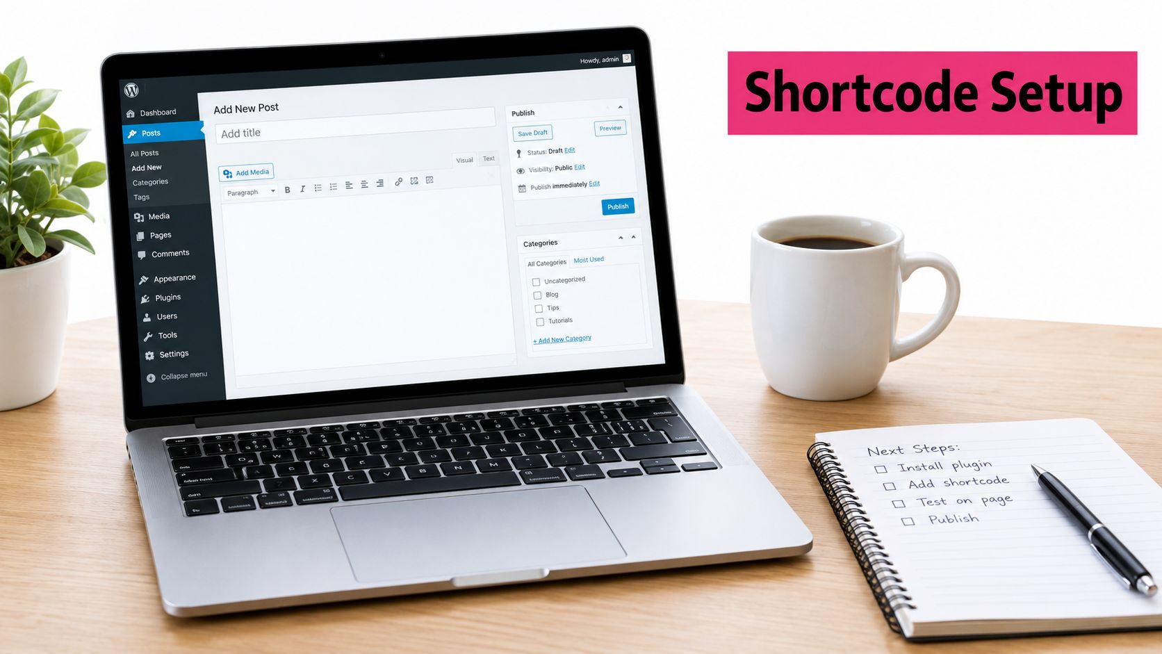 A laptop screen showing a WordPress post editor next to a notebook with next steps for setup.