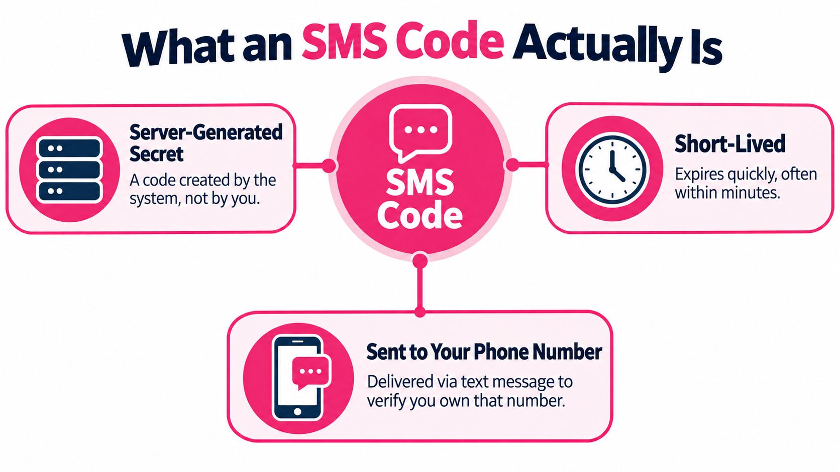 An infographic explaining that an SMS code is a server-generated, short-lived secret sent to your phone.