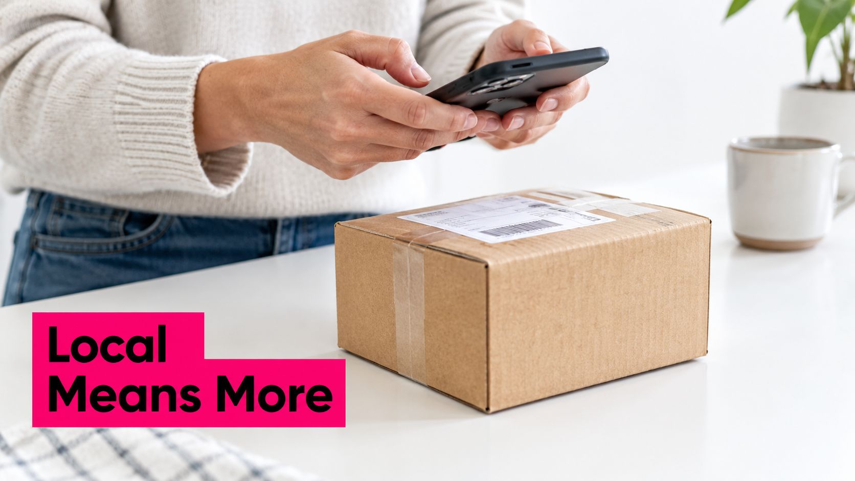 A person scans the shipping label on a cardboard package using a smartphone in a home office.