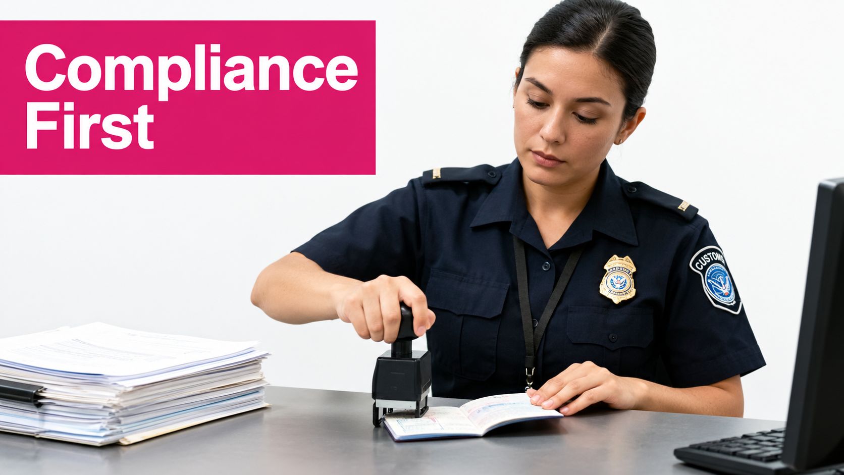 A female customs officer in uniform stamping a passport at a desk with a stack of documents.