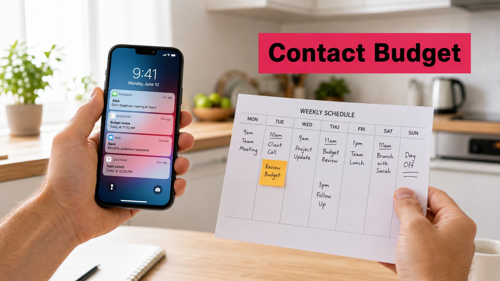 A person holds a smartphone showing notification alerts and a paper weekly schedule with a budget reminder.
