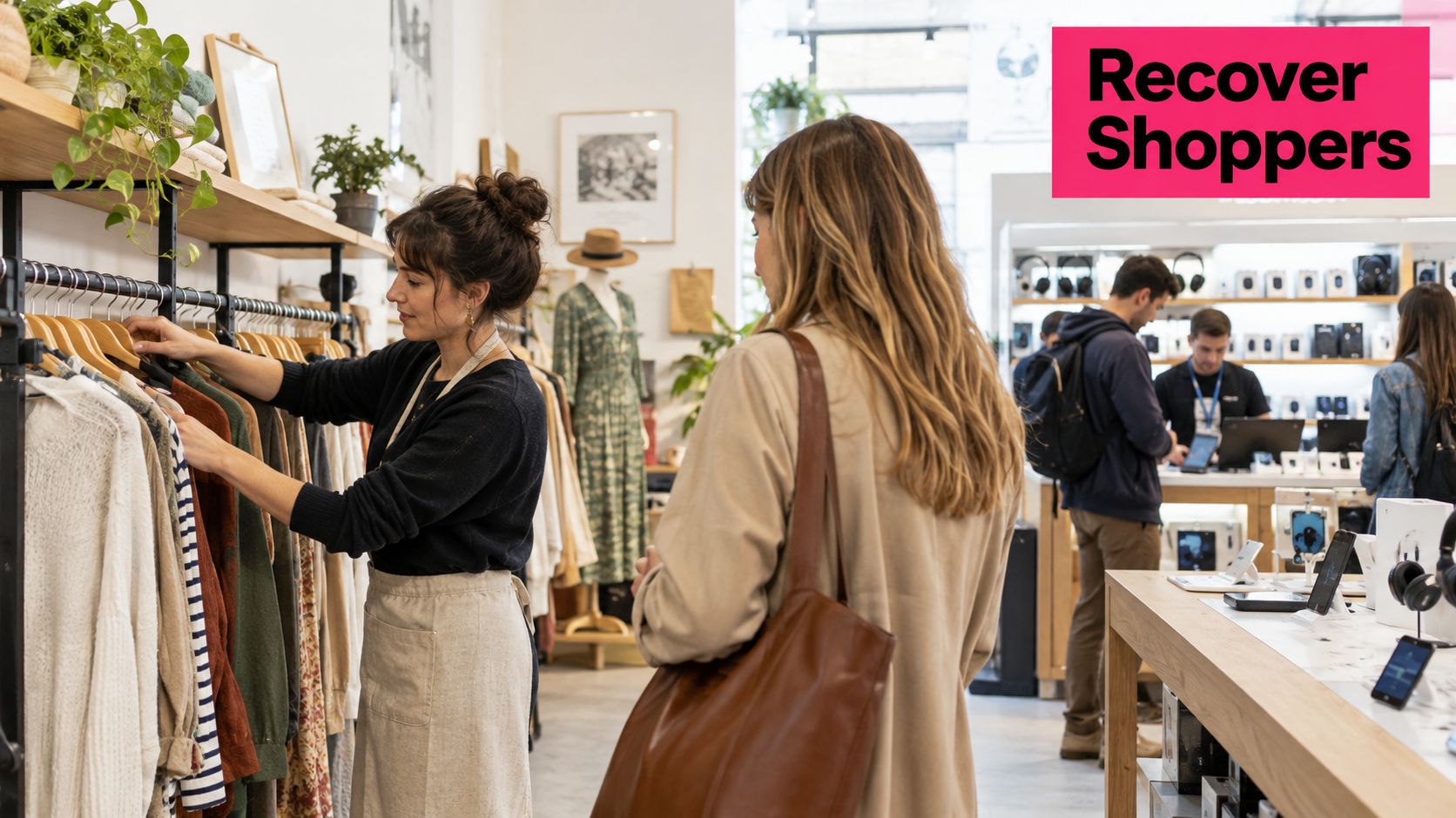 A store employee assists a customer with clothing while other shoppers browse electronics in a busy retail shop.