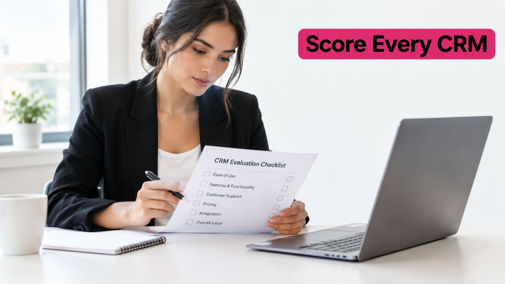 A professional woman in a business suit reviewing a CRM evaluation checklist at her desk with a laptop.