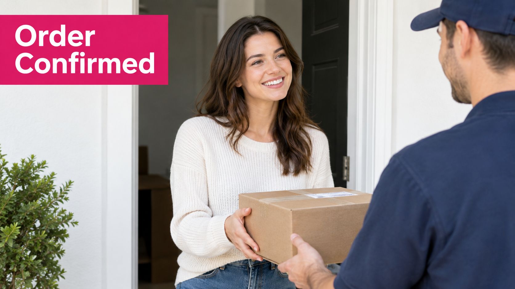 A delivery man handing a cardboard package to a smiling woman at her front door entrance.