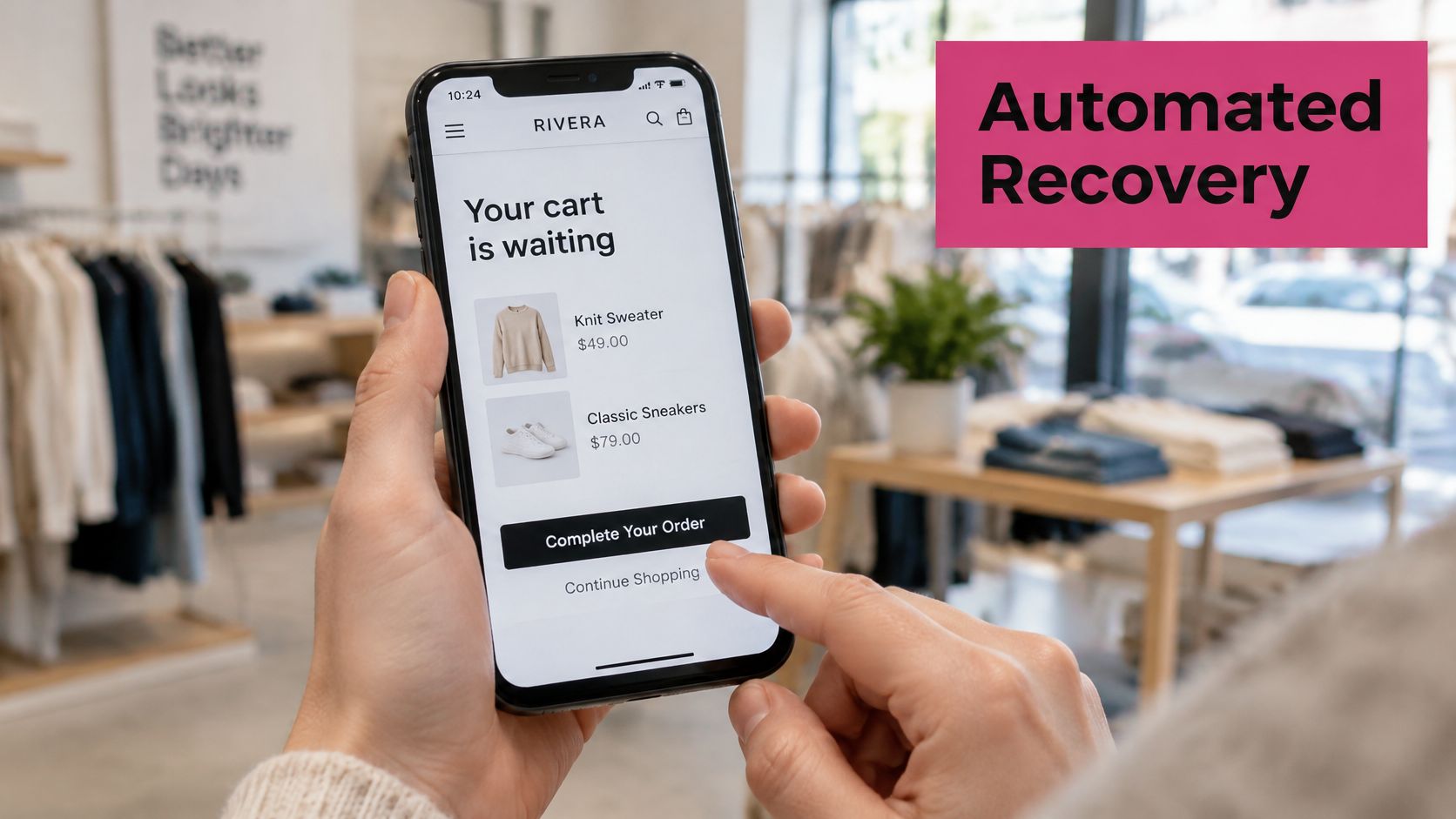 A person using a smartphone to view their shopping cart in a clothing store retail environment.