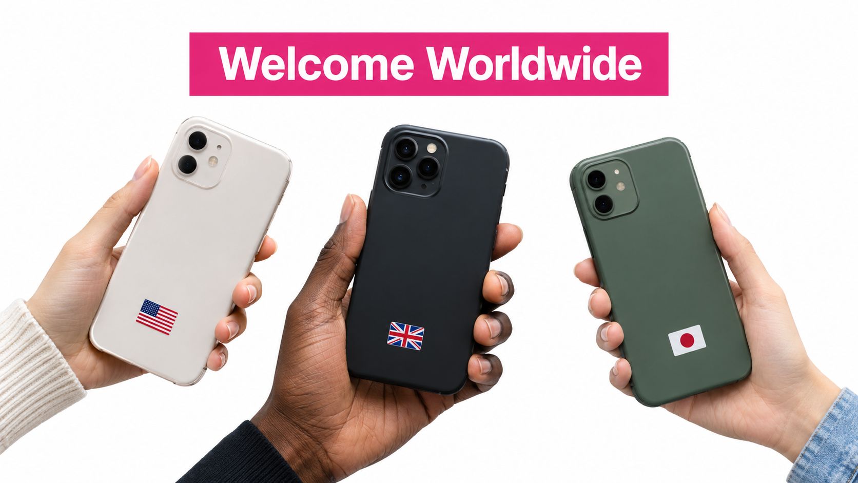 Three hands holding smartphones with different national flags on the back, symbolizing global connectivity.