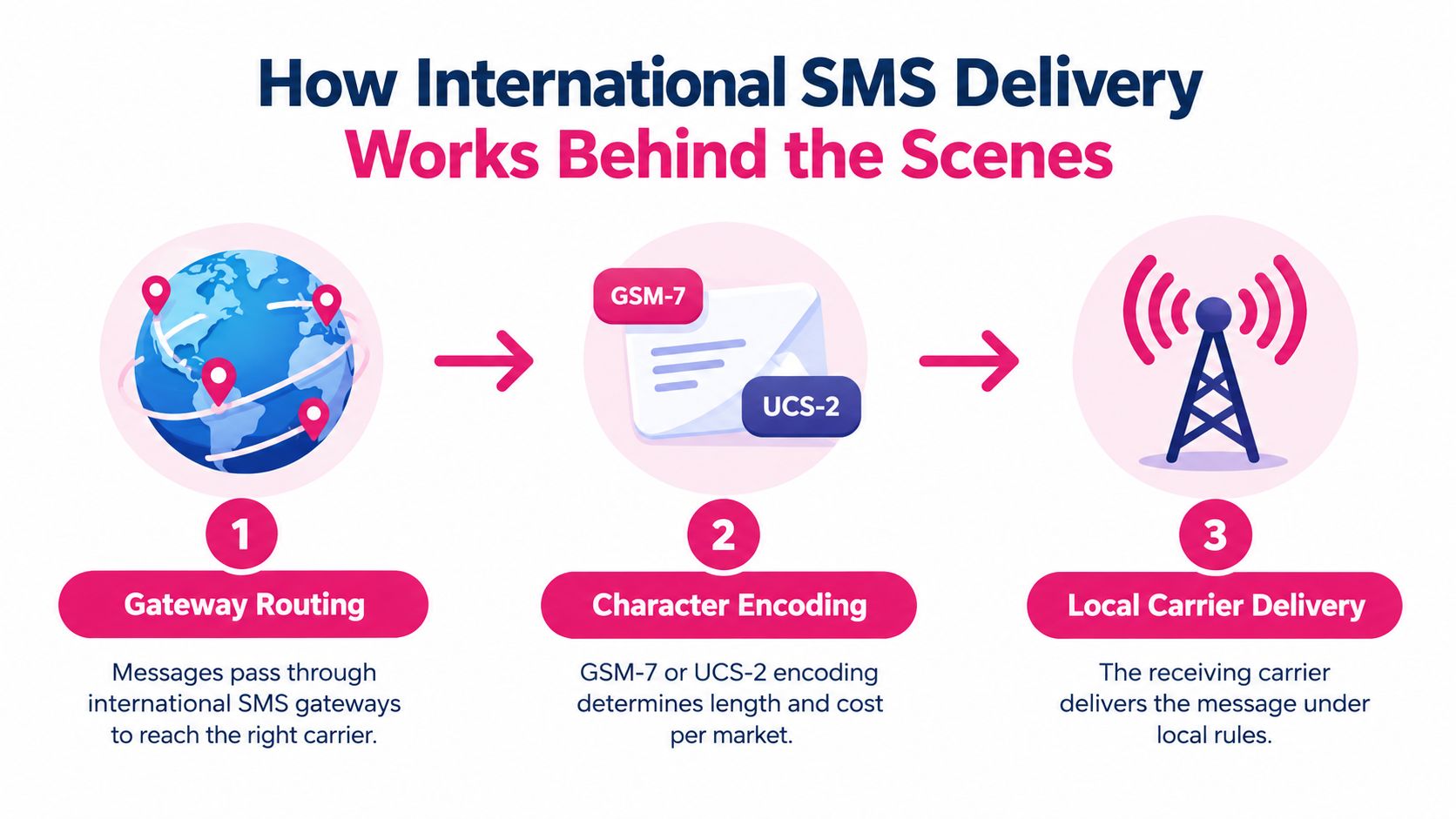 An infographic showing the three-step process of international SMS delivery including routing, encoding, and local carrier delivery.